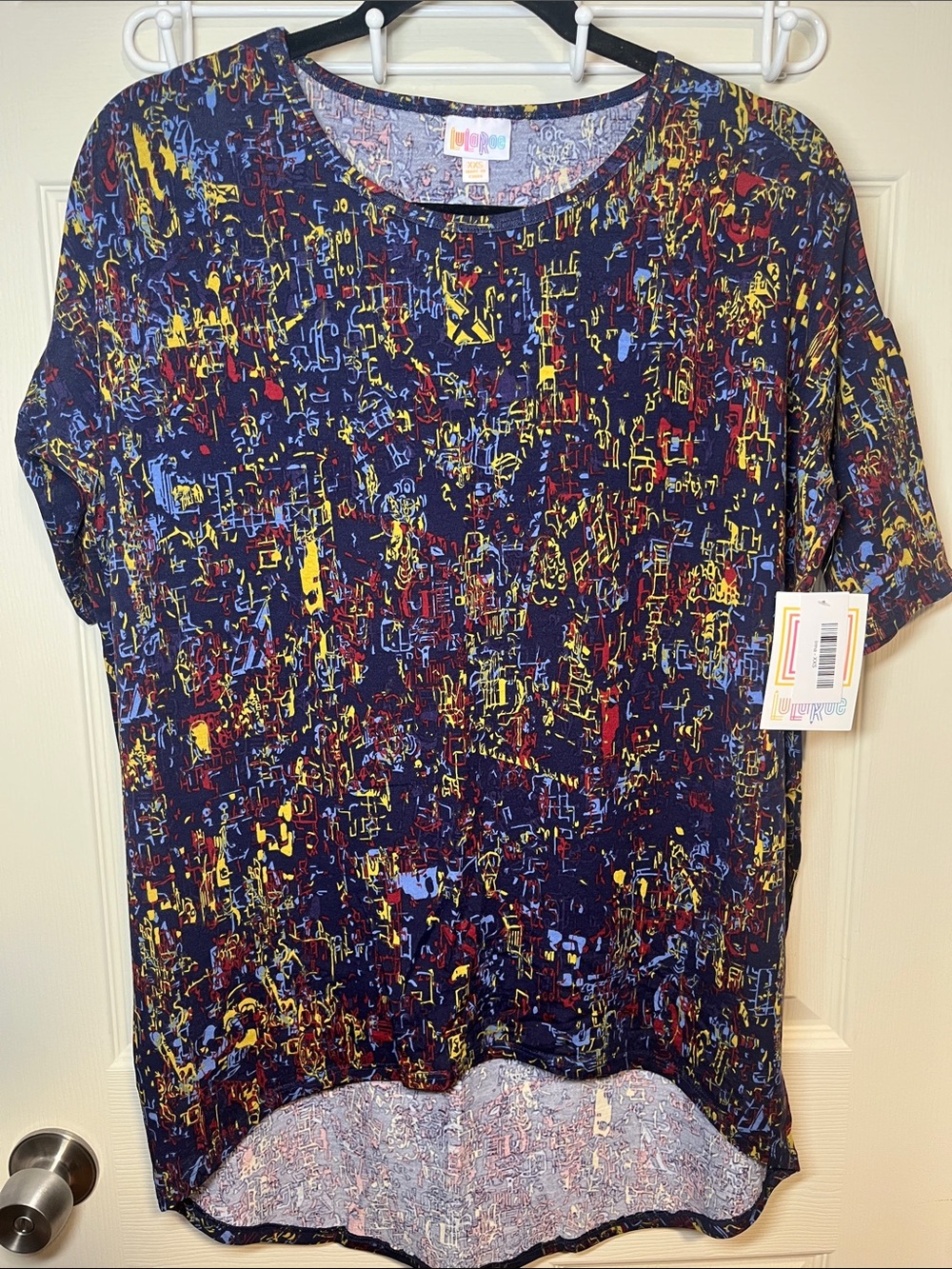 LuLaRoe Navy Abstract Multicolor Short Sleeve Irma Tunic